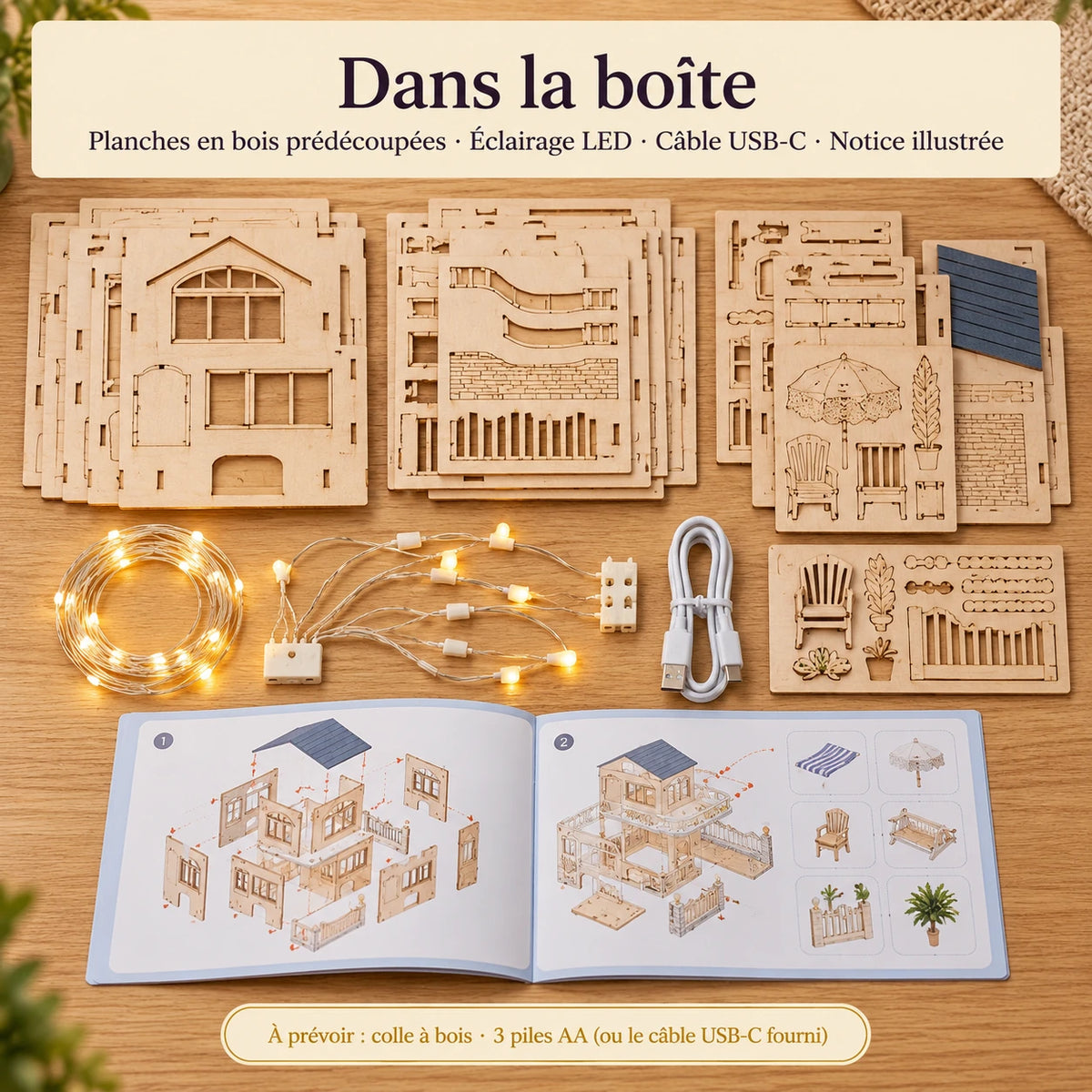 Contenu du kit Villa de la Riviera — bois prédécoupé, LED, câble USB-C et notice