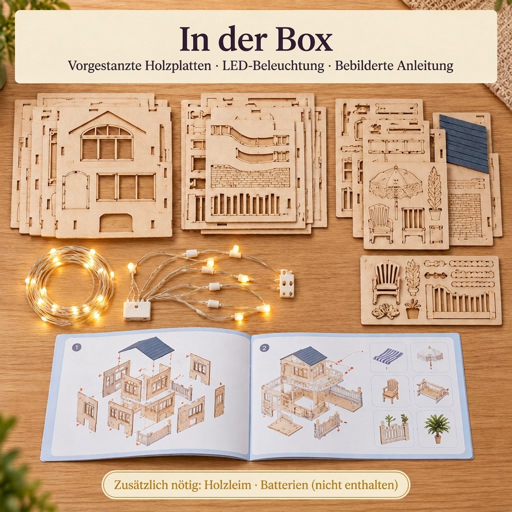 Inhalt des Bausatzes Villa an der Riviera: Holzplatten, LEDs und Anleitung