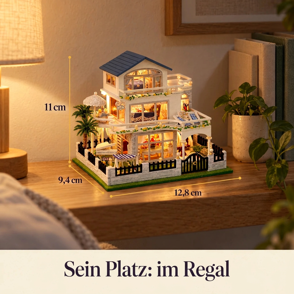Miniaturhaus Villa an der Riviera im Regal, Maße 11 × 12,8 × 9,4 cm