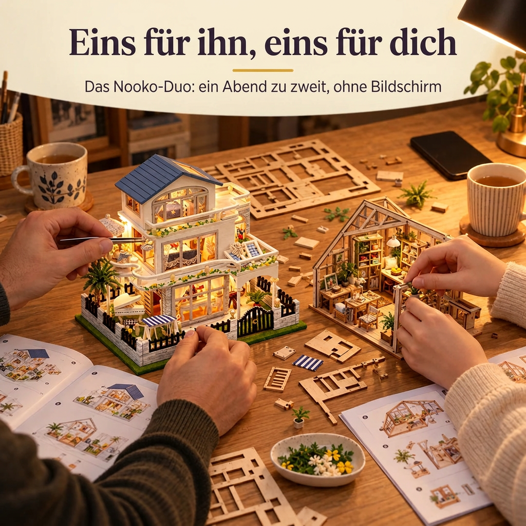 Zwei Personen bauen gemeinsam je ein Miniaturhaus: das Nooko-Duo