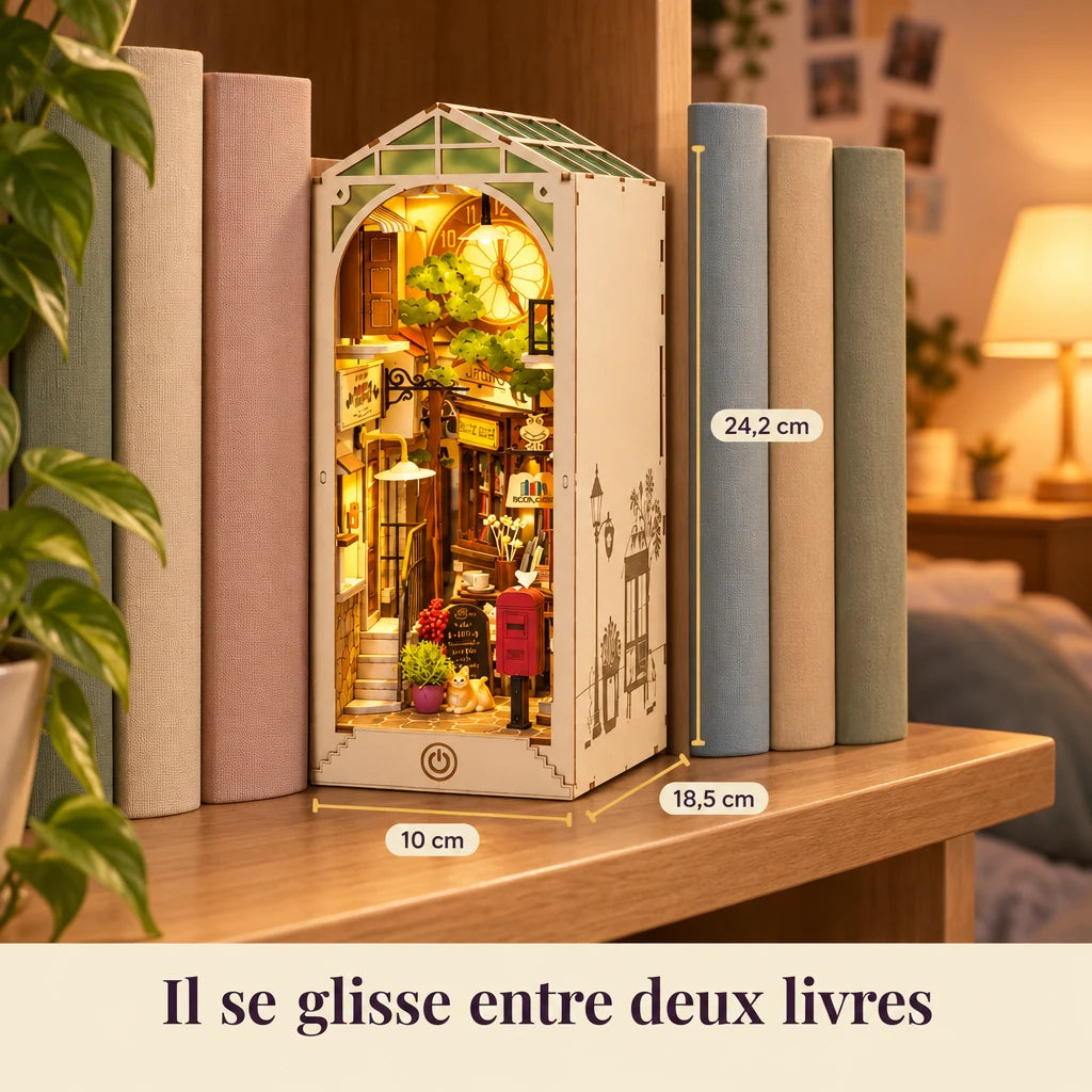 La Ville Ensoleillée glissée entre deux livres, dimensions 18,5 × 10 × 24,2 cm