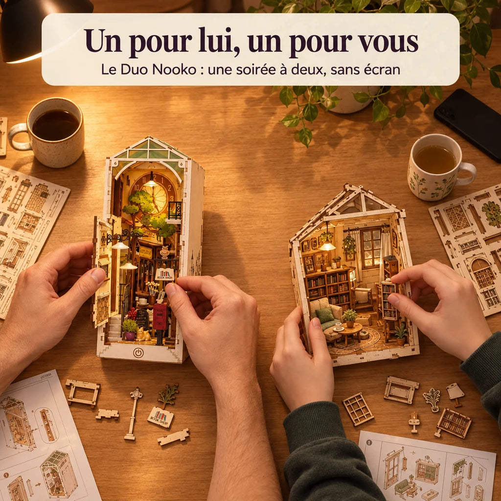 Deux personnes construisent un kit NOOKO côte à côte, une soirée sans écran