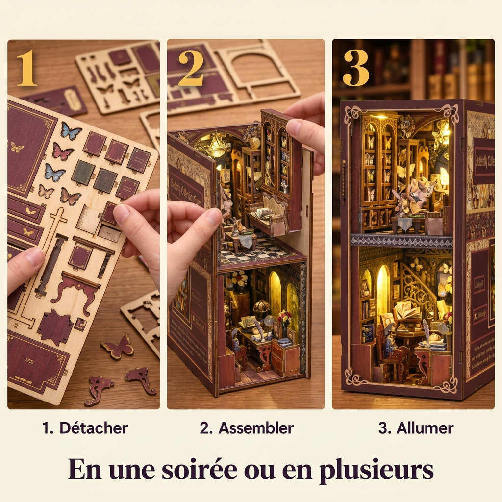 Les étapes de montage du Cabinet aux Papillons : détacher, assembler, allumer