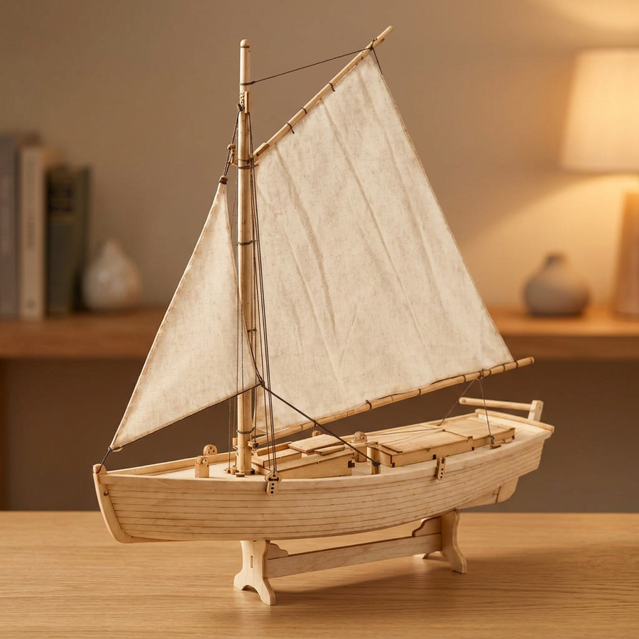 Schritt 3 beim Aufbau: Ausstellen – Modellschiff Bausatz aus Holz — Das Küstenfischerboot