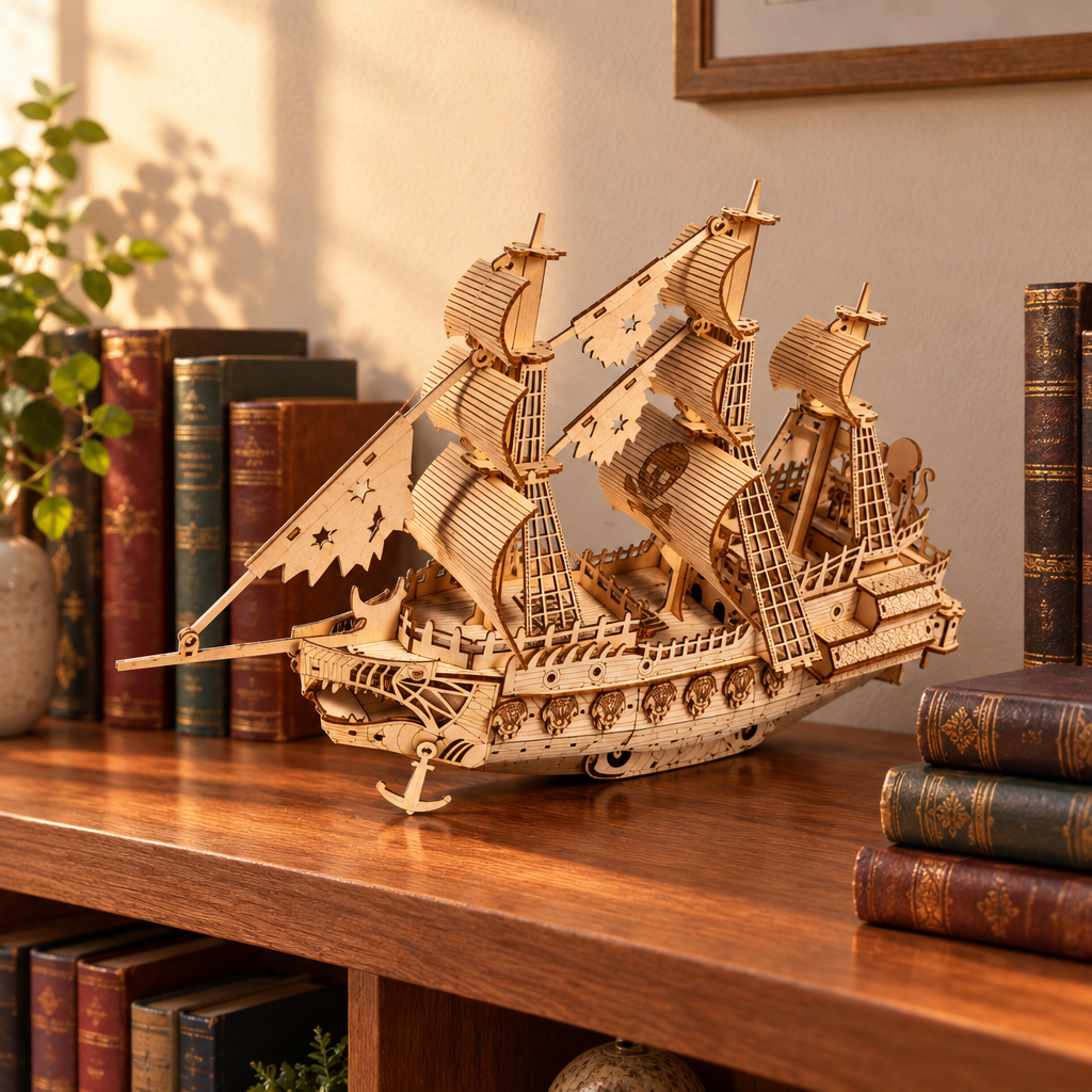 Le voilier en bois expose sur une etagere de bibliotheque entoure de livres