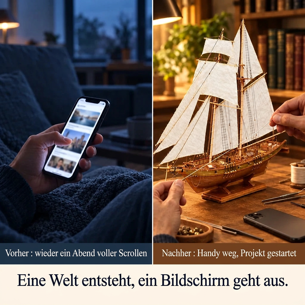 Vorher/Nachher: Handy weg, Aufbau von Segelschiff Harco