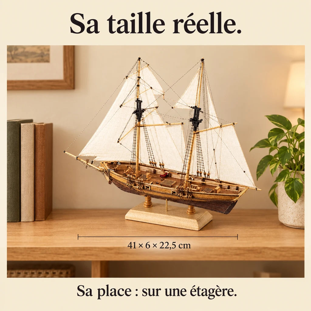 The New Port Sailboat on a shelf, dimensions 41 × 6 × 22.5 cm