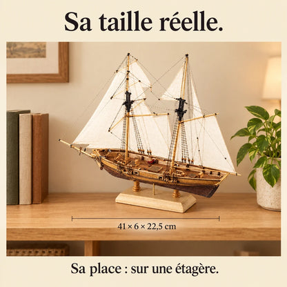The New Port Sailboat on a shelf, dimensions 41 × 6 × 22.5 cm