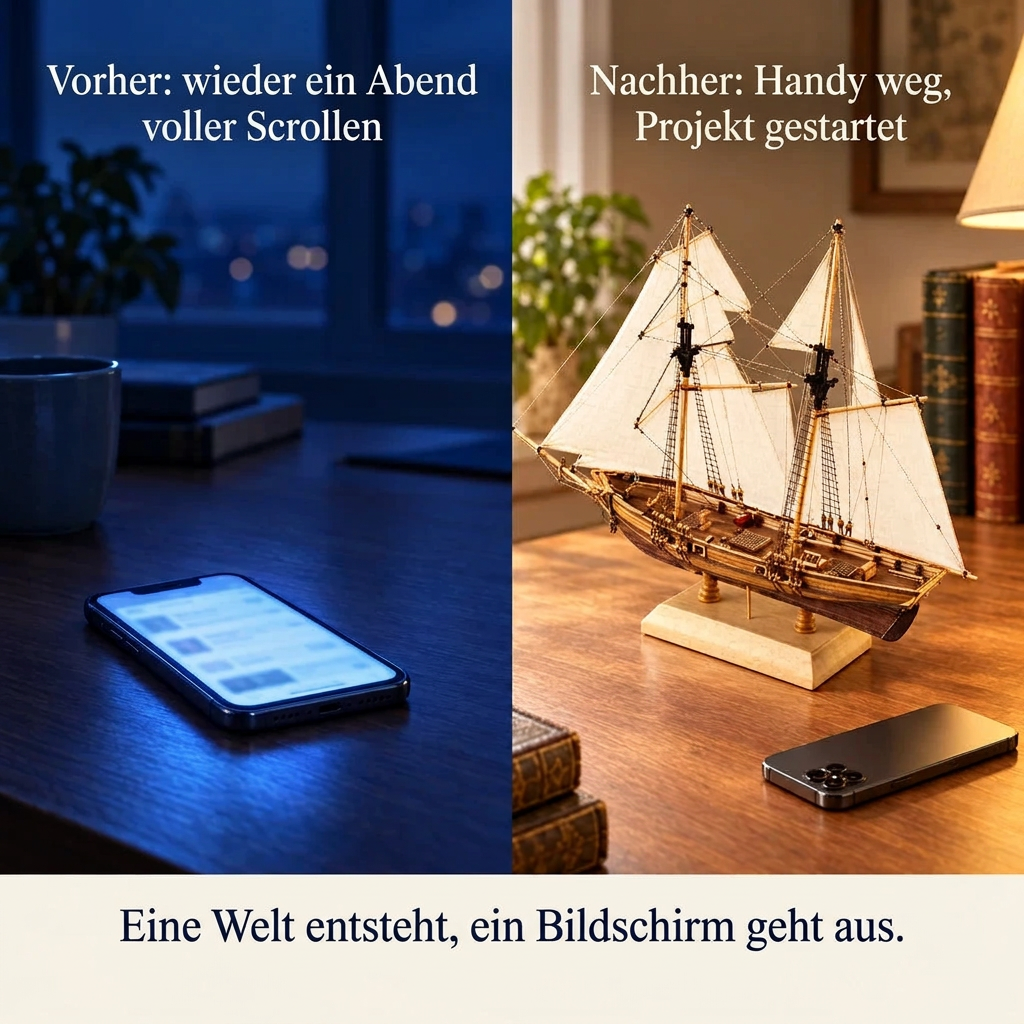 Vorher/Nachher: Handy weg, Aufbau von Segelschiff New Port