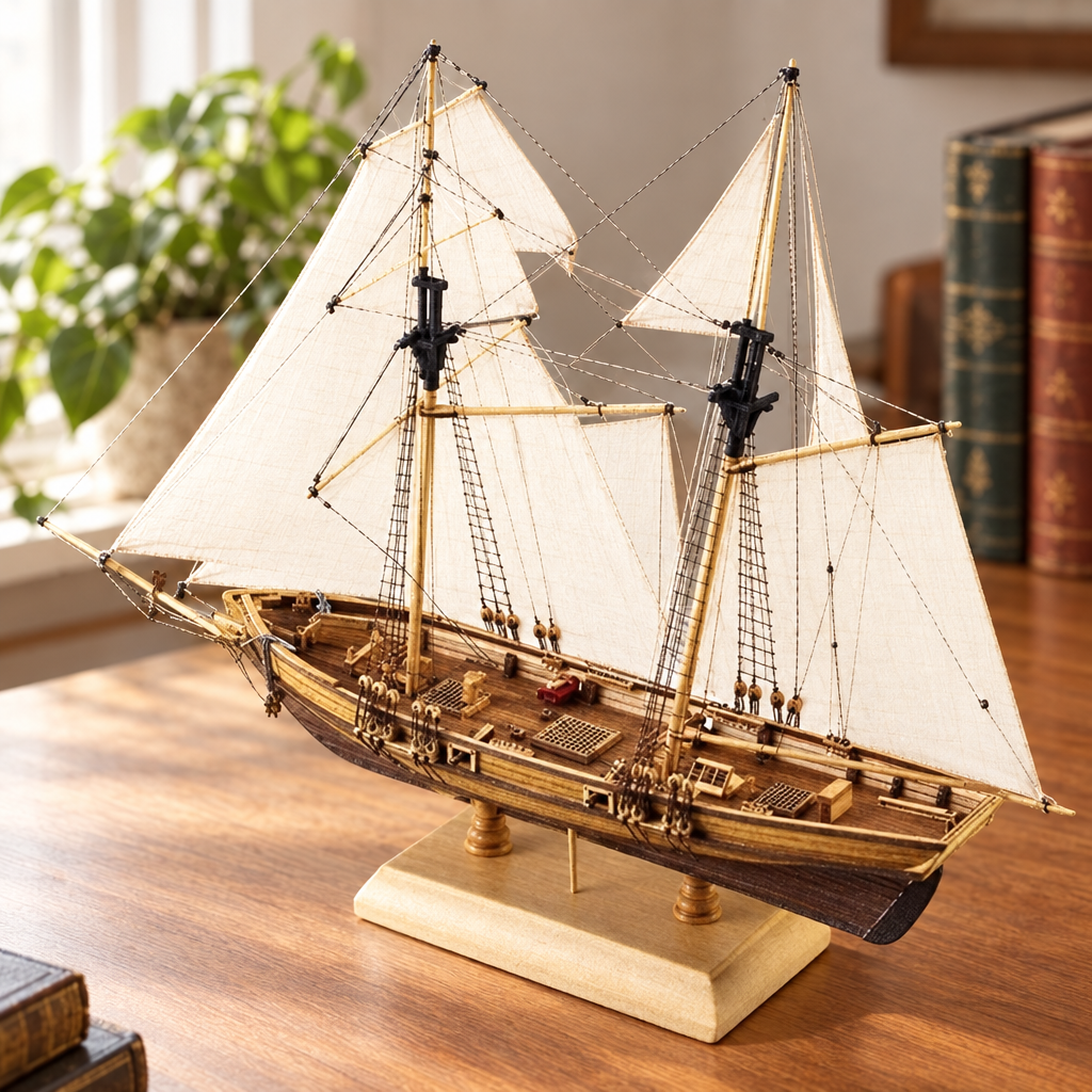 Maquette de voilier en bois assemblee sur son socle, posee sur un bureau