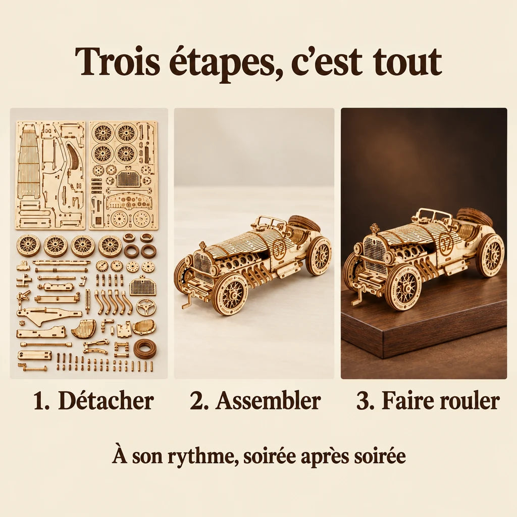 The three build steps of the Little Race Car