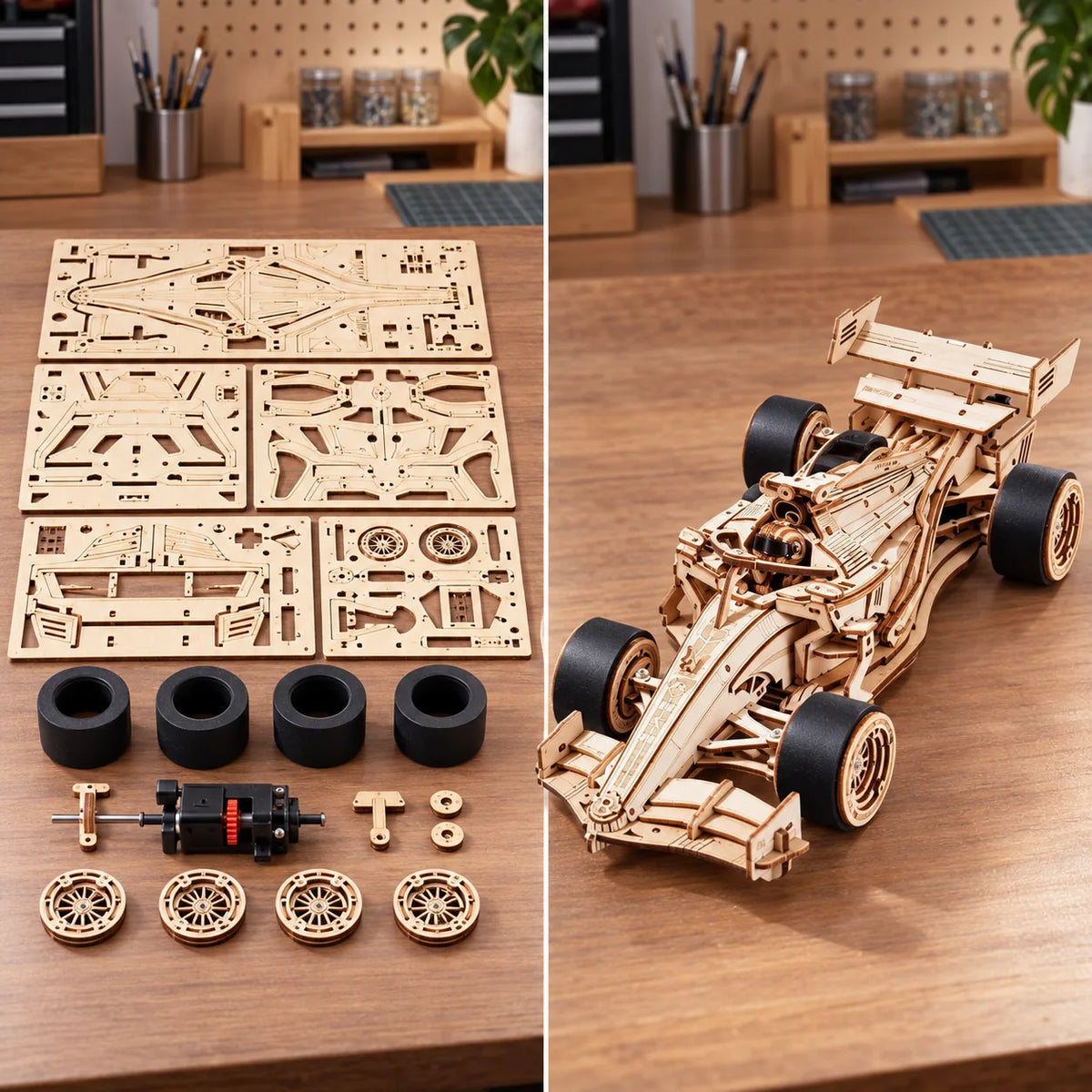 Avant et après montage de la voiture de course mécanique en bois