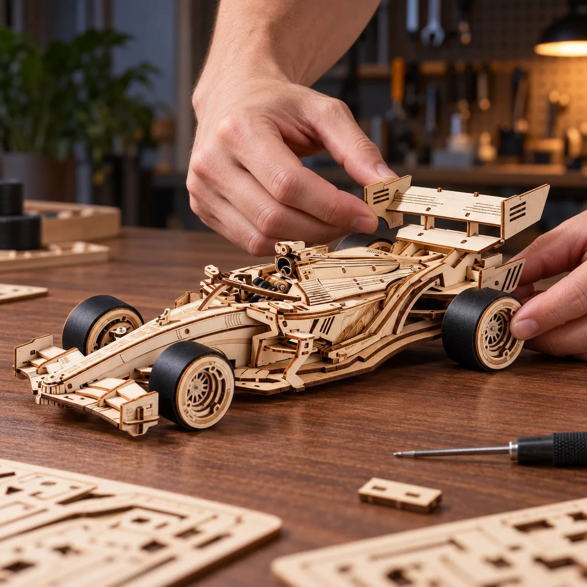 Installation du double aileron sur la voiture de course en bois