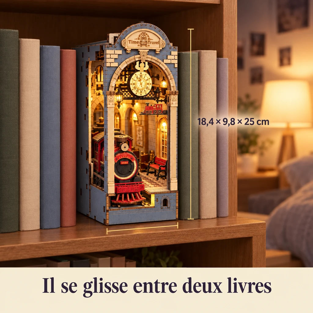 Le Voyage dans le Temps glissé entre deux livres, dimensions 18,4 × 9,8 × 25 cm