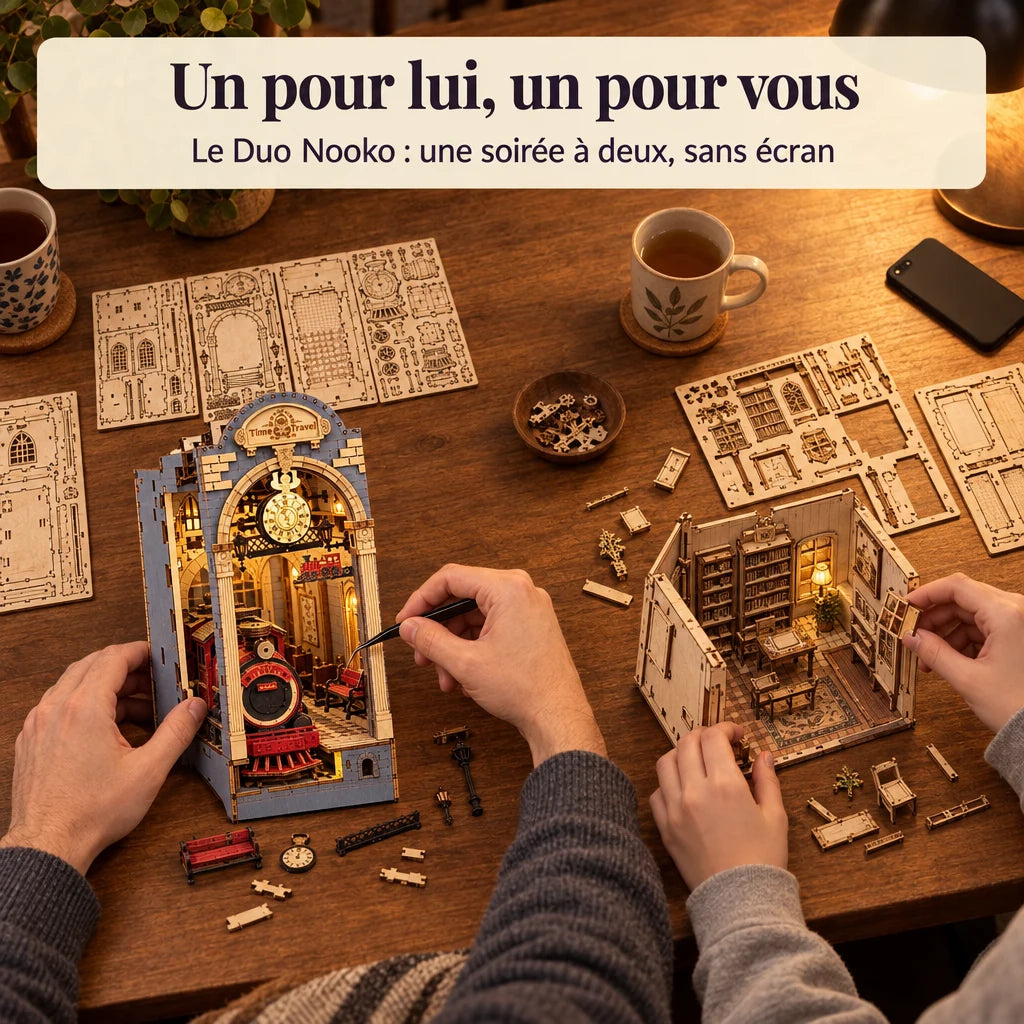 Deux personnes construisent un kit NOOKO côte à côte, une soirée sans écran
