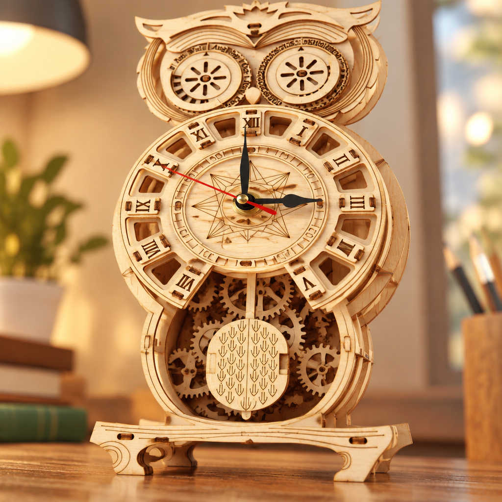 Vue immersive en contre-plongee du mecanisme de l horloge en bois