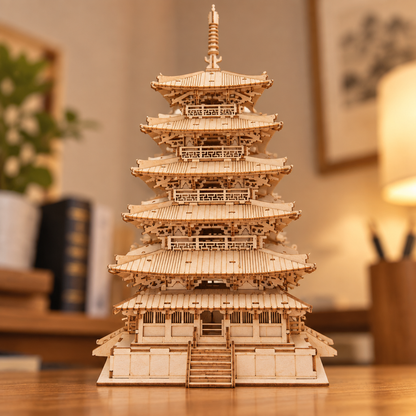 Vue immersive en contre-plongee de la pagode miniature en bois
