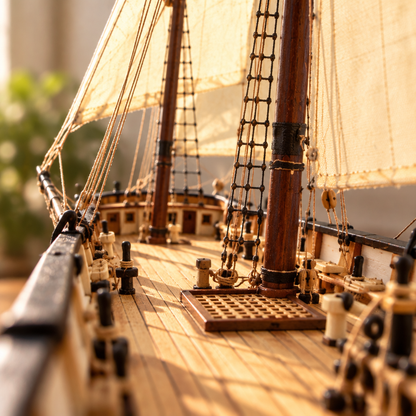 Vue immersive depuis le pont de la goelette miniature en bois