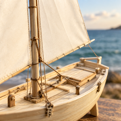 Vue immersive depuis le pont du voilier miniature en bois