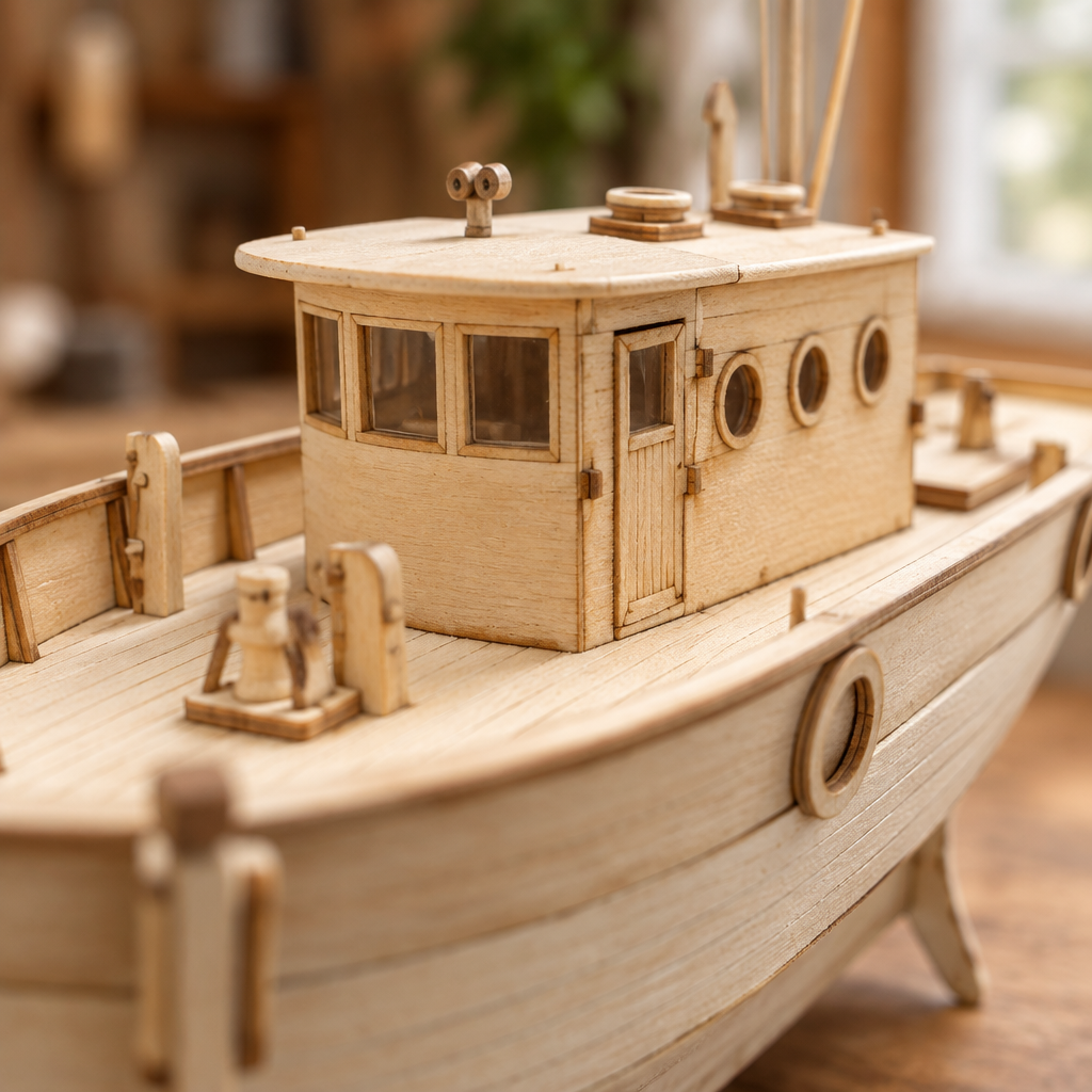 Vue immersive depuis le pont du bateau de peche miniature en bois