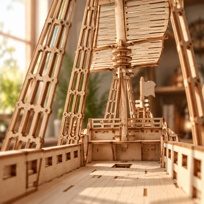 Vue immersive depuis le pont du voilier miniature en bois