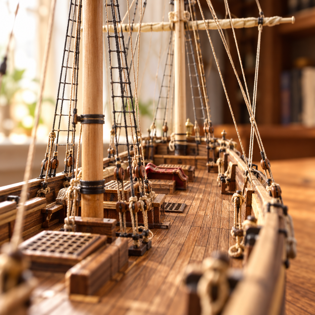 Vue immersive depuis le pont du voilier miniature en bois