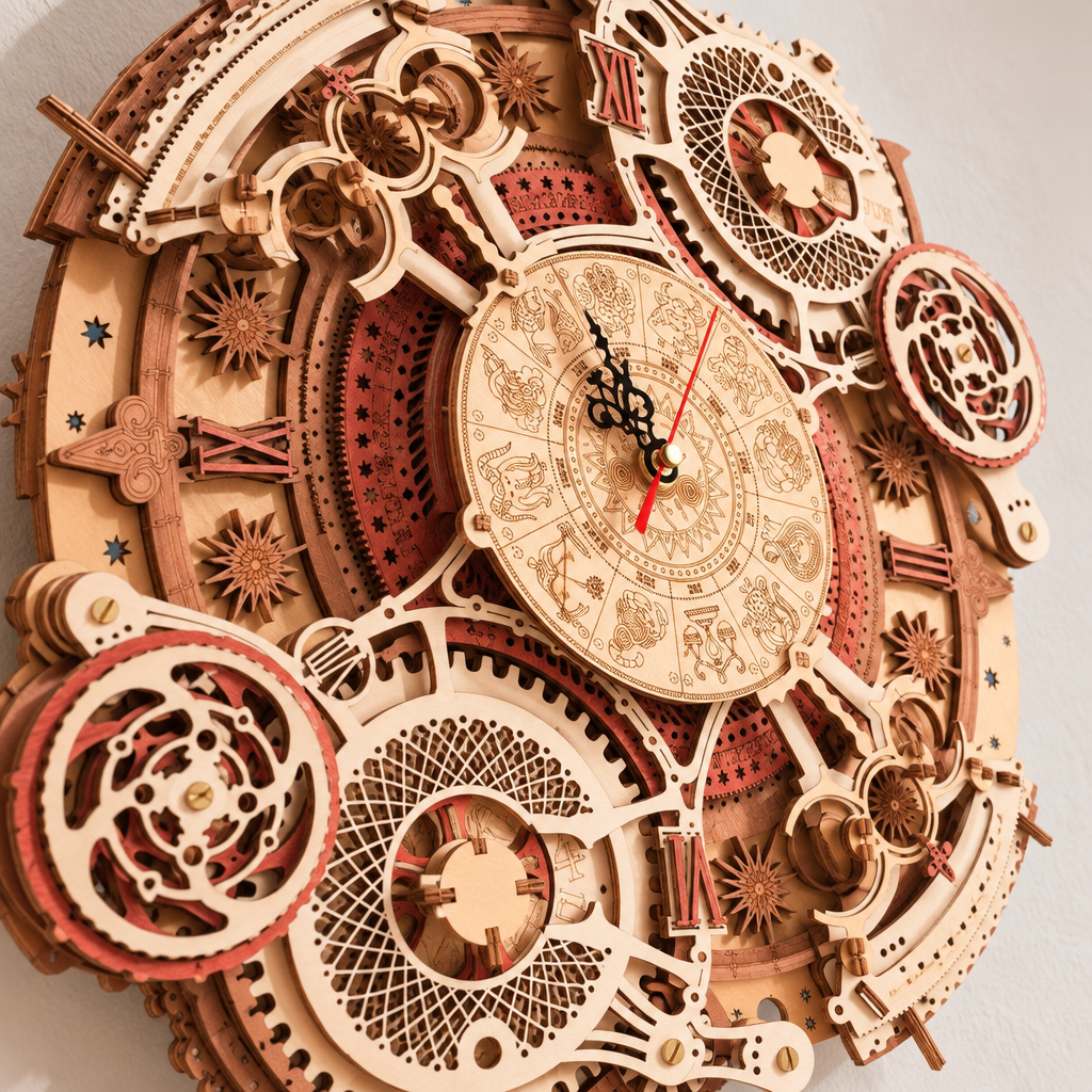 Vue immersive rapprochee des engrenages de l horloge murale en bois
