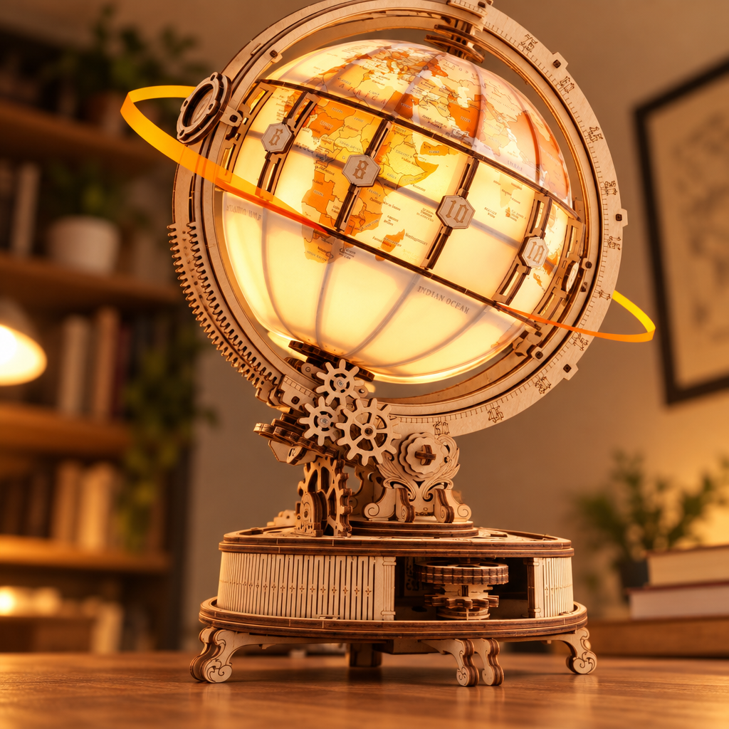 Vue immersive en contre-plongee du globe en bois eclaire