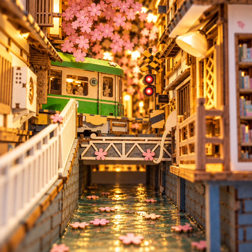 Vue interieure immersive de la ruelle miniature eclairee par la LED