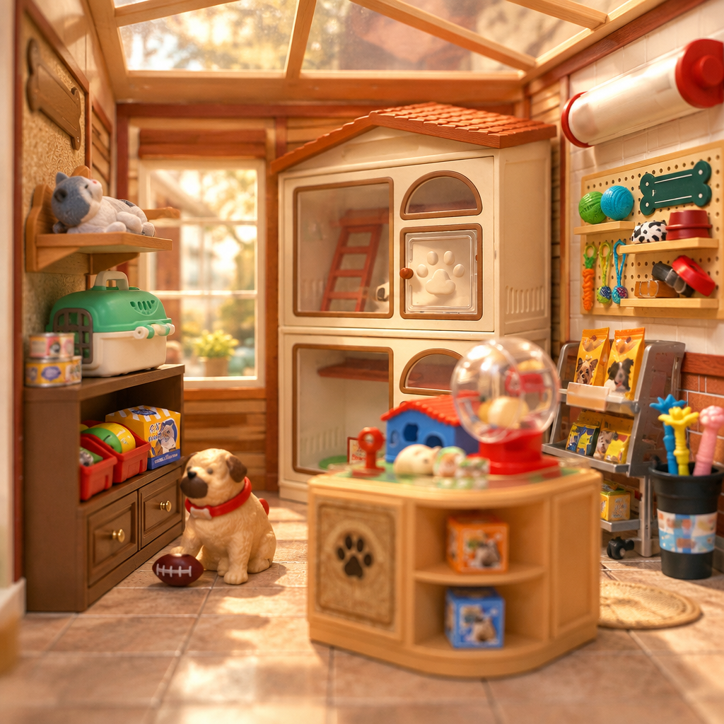Vue interieure immersive de la boutique miniature et de son mobilier