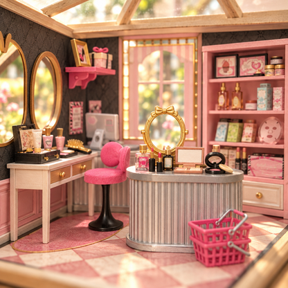 Vue interieure immersive de la boutique miniature et de son mobilier