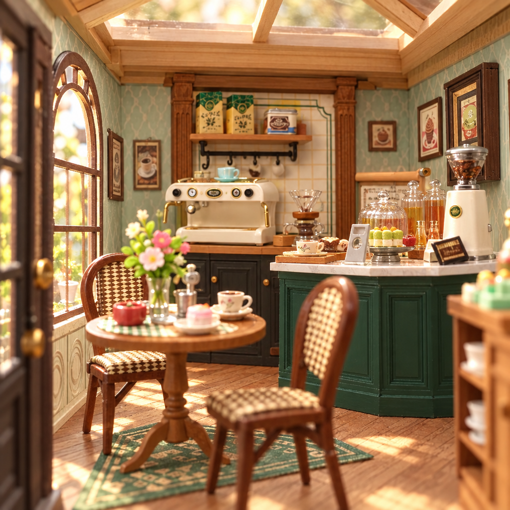 Vue interieure immersive de la maison miniature et de son mobilier