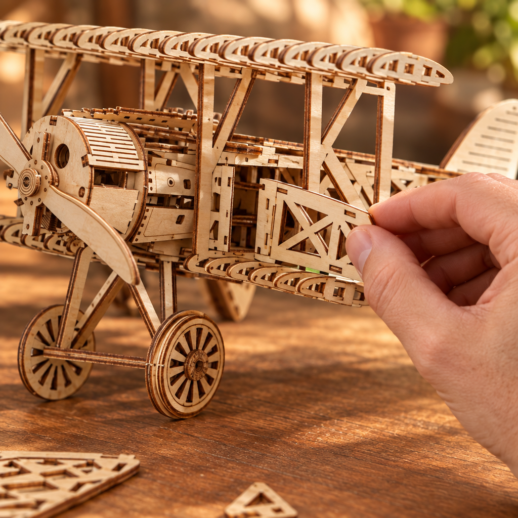 Une main place une piece de bois sur le biplan partiellement assemble
