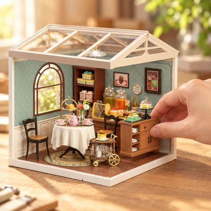 Une main place un petit meuble a l interieur de la maison miniature
